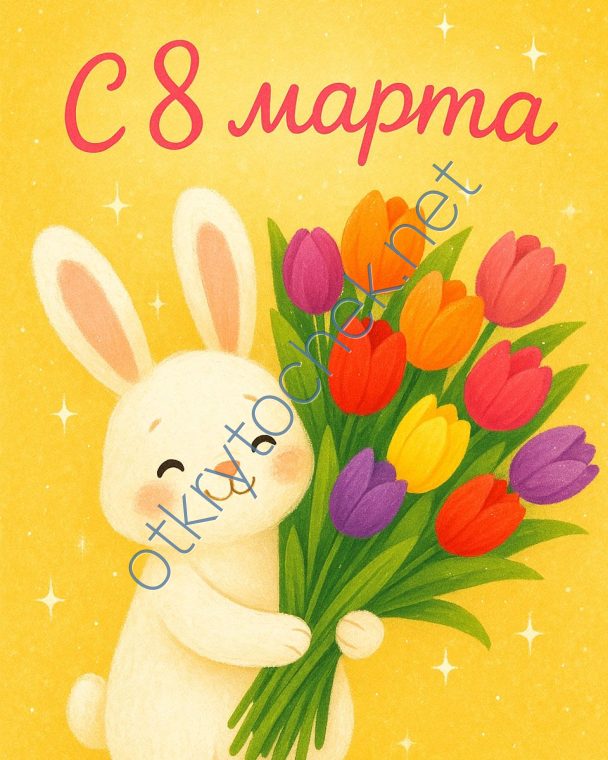 Открытка с Женским днем с зайкой и букетом тюльпанов