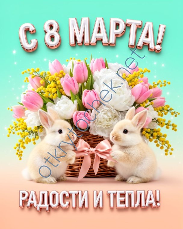 С 8 Марта - открытка с поздравлением с цветами и зайками