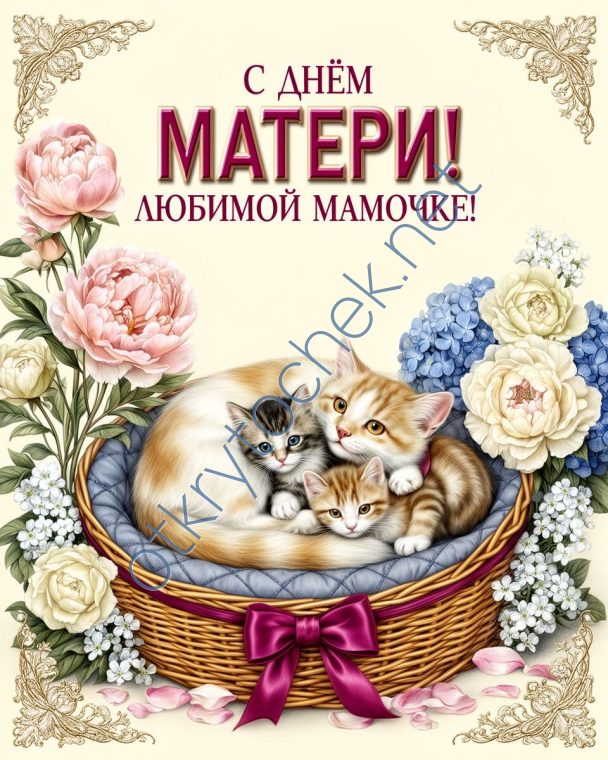 Добрая открытка с кошкой и котятами на День матери