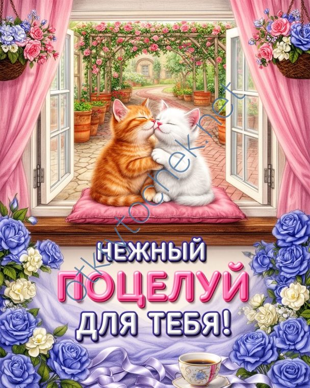 Открытка с поцелуем и милыми котиками