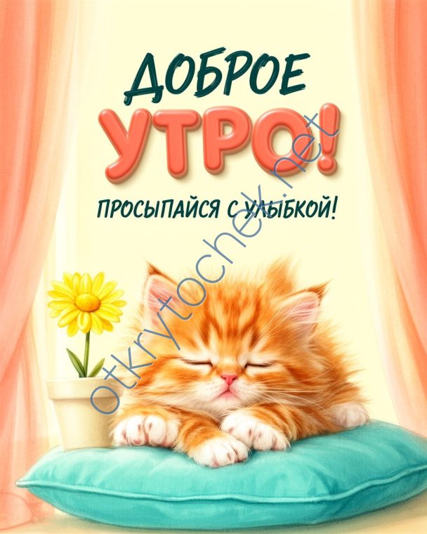 Милый рыжий котик на открытке и пожелание Доброго утра