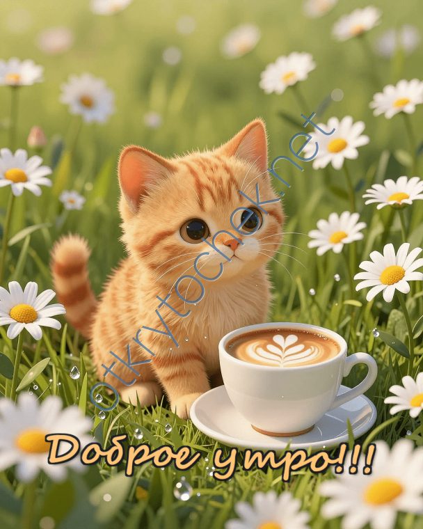 Милый котик с кофе желает Доброе утро