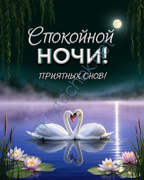 Добрая открытка с лебедями с пожеланием Спокойной ночи