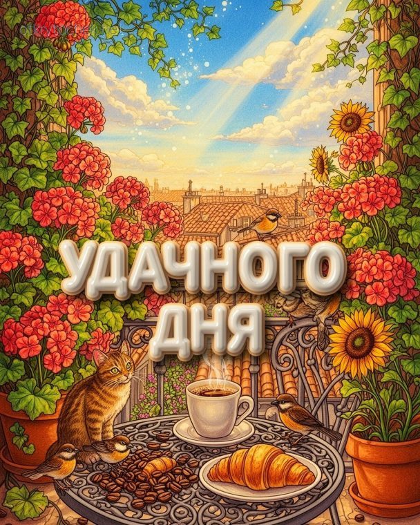 Утренняя нарисованная открытка удачного дня
