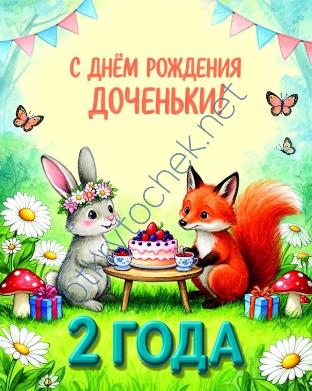 Рисованная открытка для родителей с Днем рождения девочки 2 года