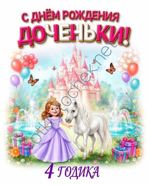 Открытка с принцессой для родителей девочки на 4 годика