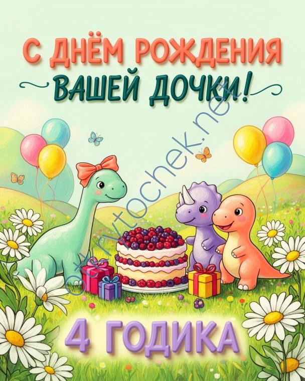 Открытка с динозаврами на День рождения девочки 4 годика
