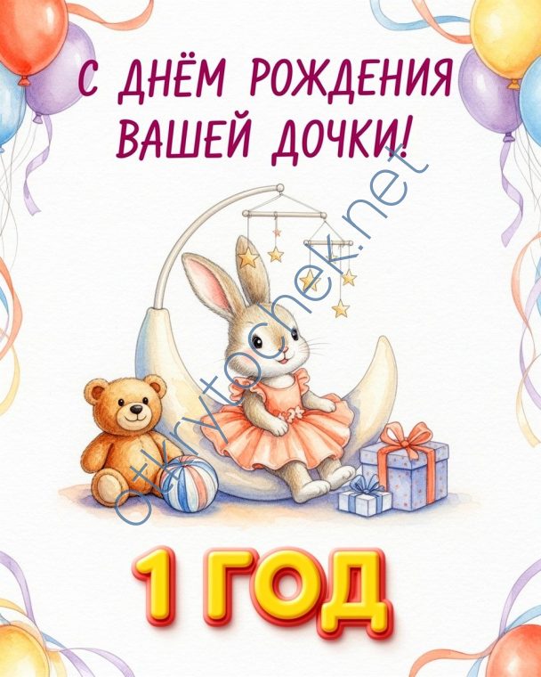 Открытка с зайкой родителям с Днем рождения дочки 1 годик