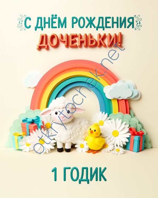 Радужная открытка с овечкой на День рождения дочки 1 год