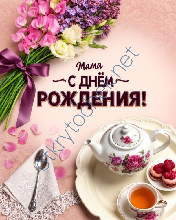 Добрая открытка с букетом - мама с Днем рождения