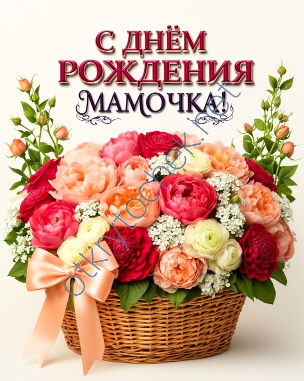 Красивая корзинка цветов на открытке с Днем рождения маме
