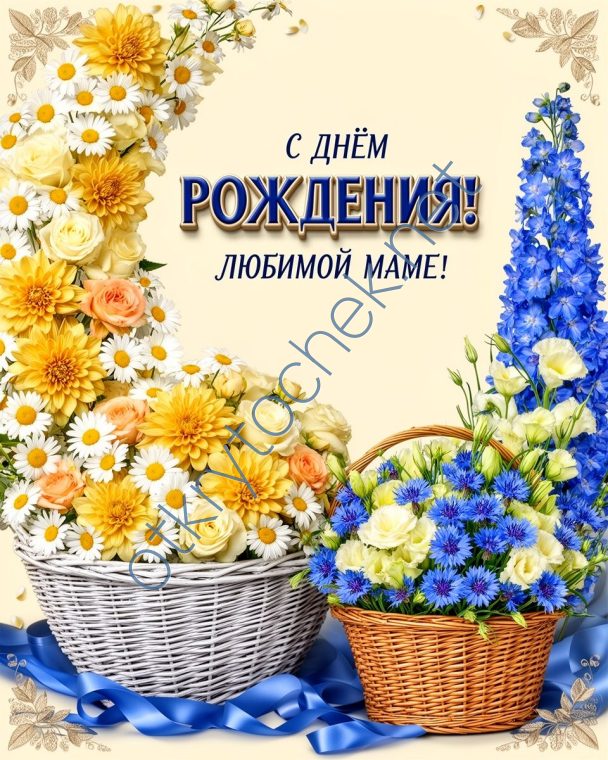 Много цветов на открытке с Днем рождения любимой маме