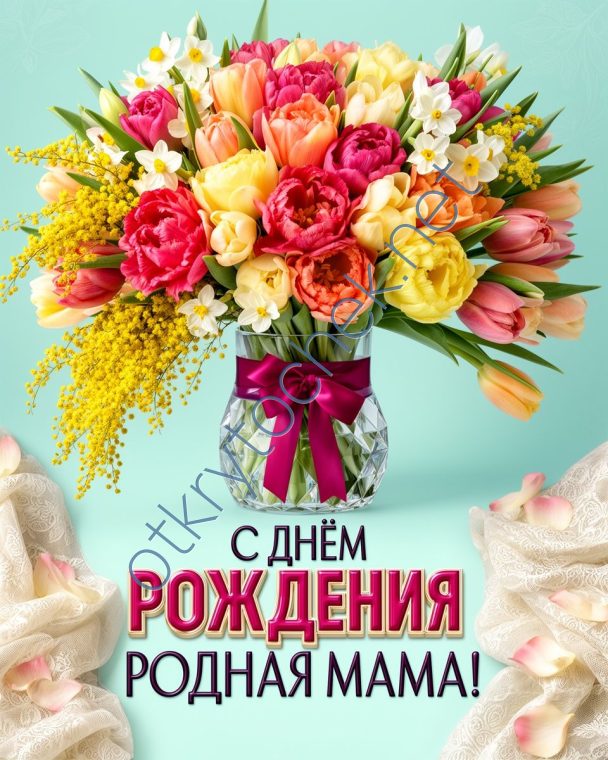 Открытка с букетом и поздравлением с Днем рождения маме