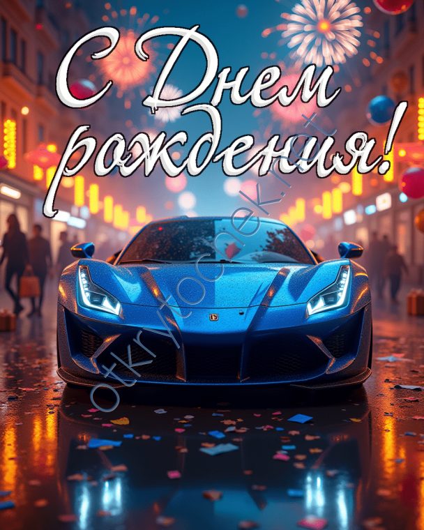 Спорткар на фоне города - с Днем рождения
