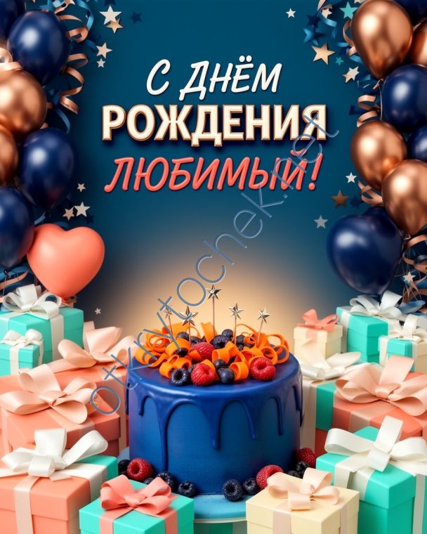 Открытка с тортом и подарками на День рождения любимому