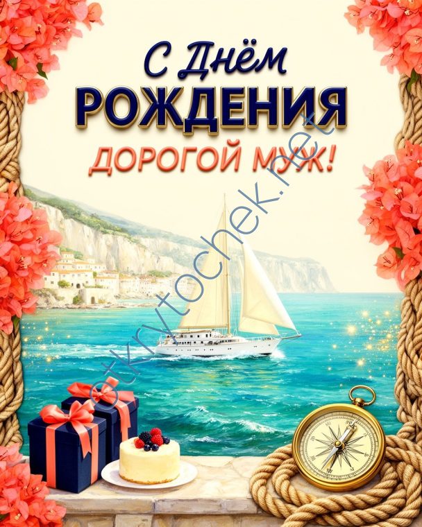 Рисованная открытка с яхтой для мужа с Днем рождения