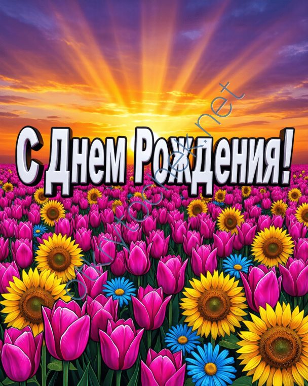 Яркое поле цветов - открытка с Днем рождения девушке