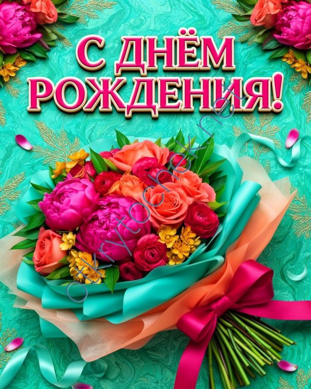Яркий букет цветов и пожелание с Днем рождения