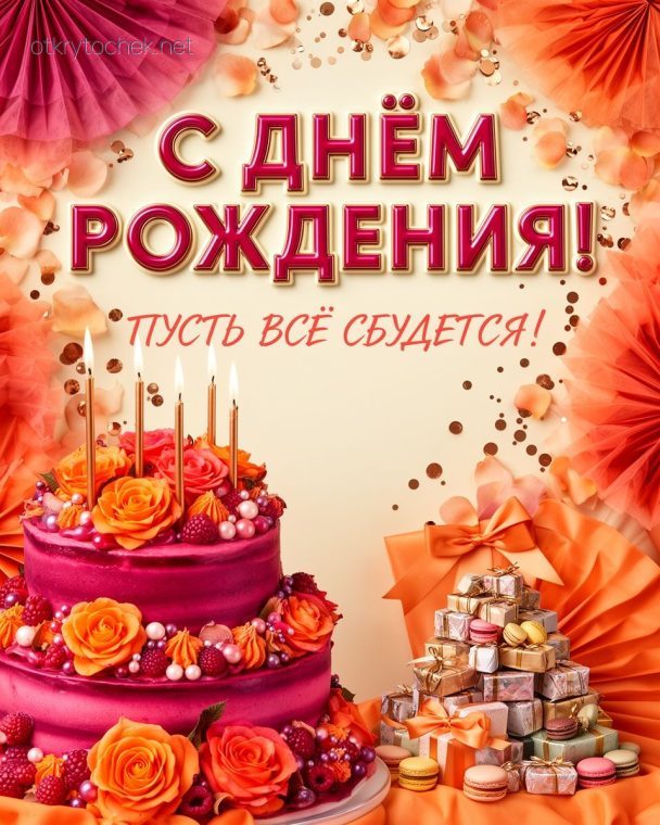 Красивая открытка с тортом с Днем рождения девушке