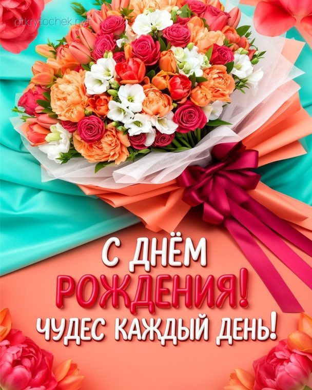 Открытка с ярким букетом девушке на день рождения
