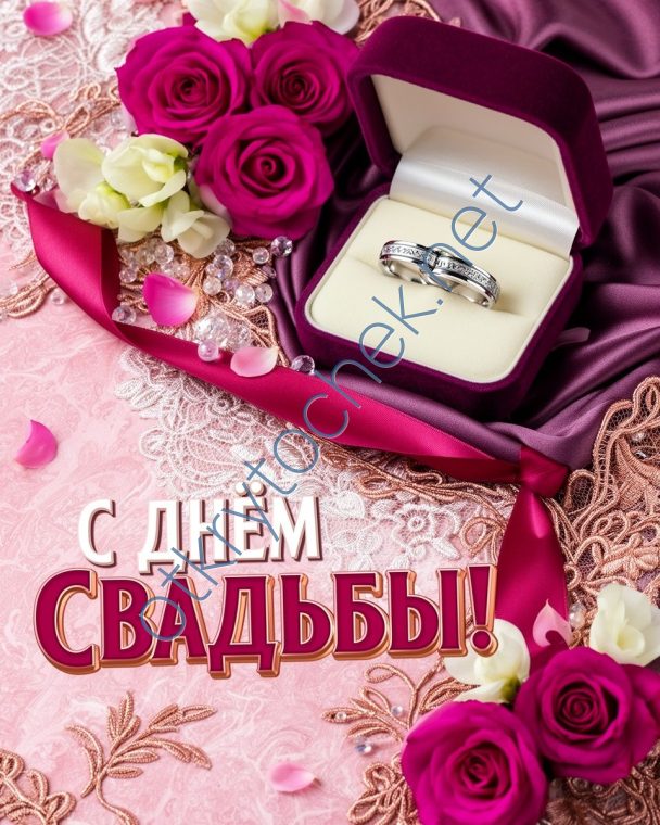 Яркая открытка с колечками и поздравление на день свадьбы