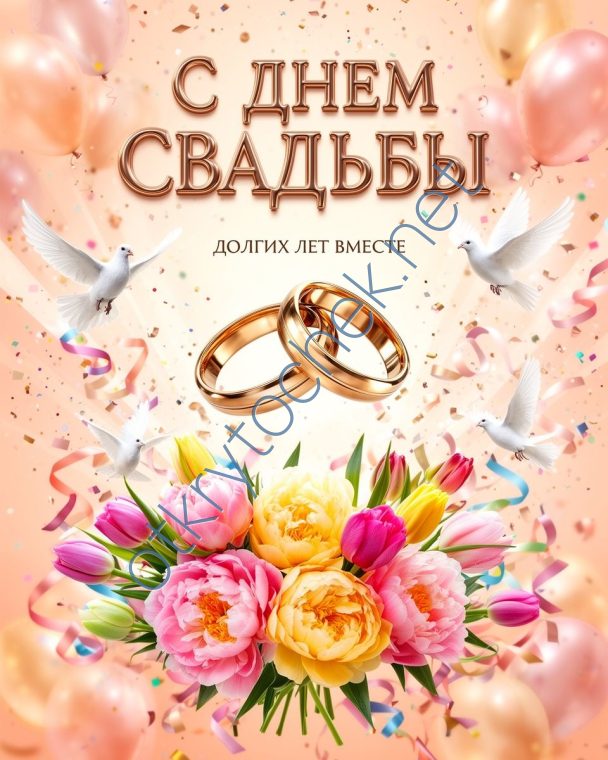 Картинка с кольцами и цветами с поздравлением с днем свадьбы