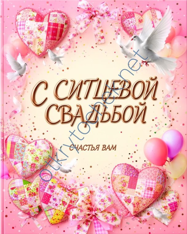 Праздничная розовая открытка с ситцевой свадьбой