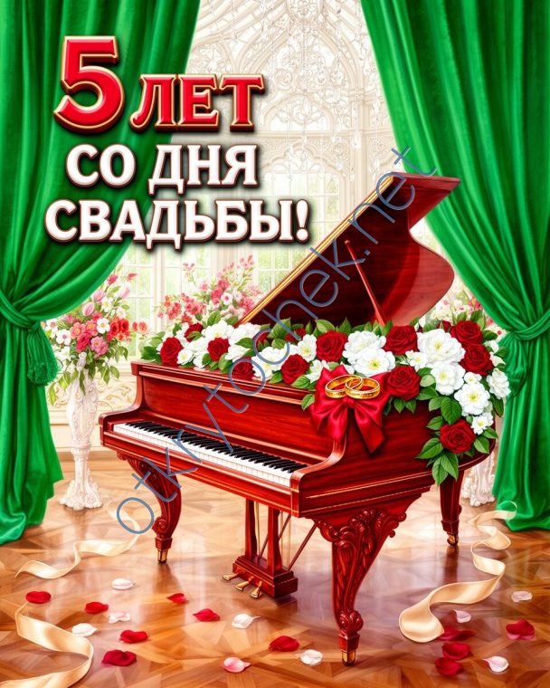 Картинка с роялем и цветами - пятая годовщина свадьбы