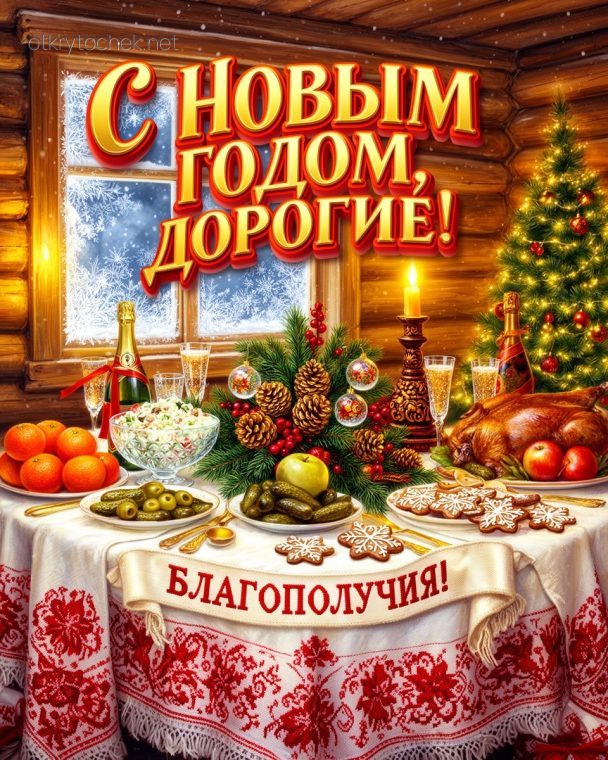 Новогодняя открытка с праздничным столом и елкой