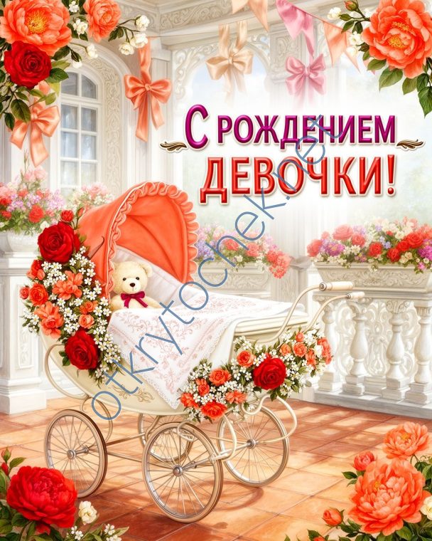 Оранжевая поздравительная открытка с рождением девочки