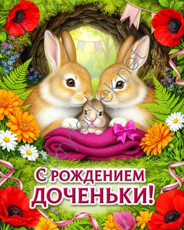 Милая картинка с зайками для поздравления с рождением девочки