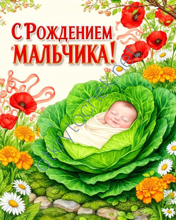 Рисованная картинка с ребенком в капусте - с рождением мальчика