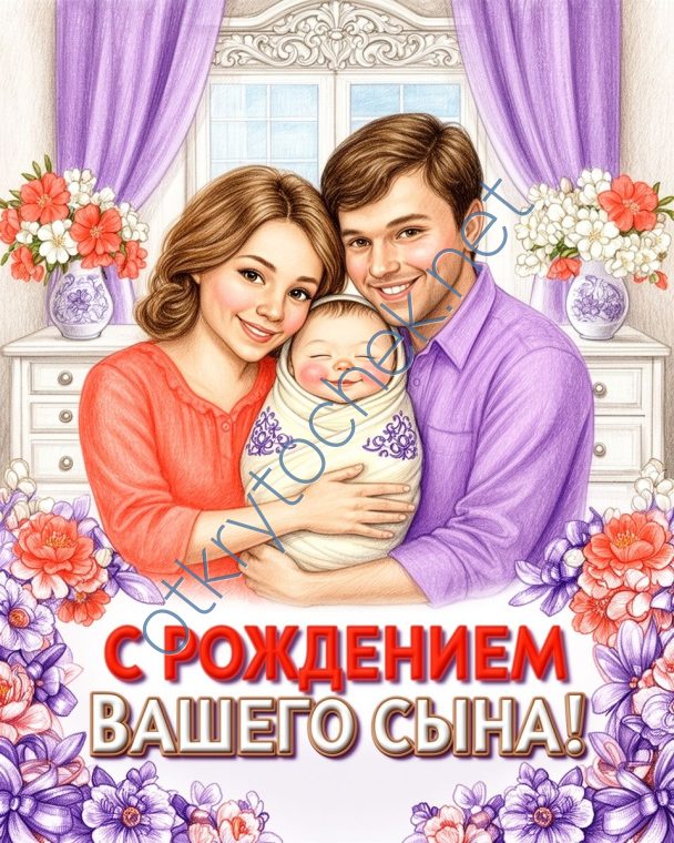 Милая рисованная открытка с рождением сына
