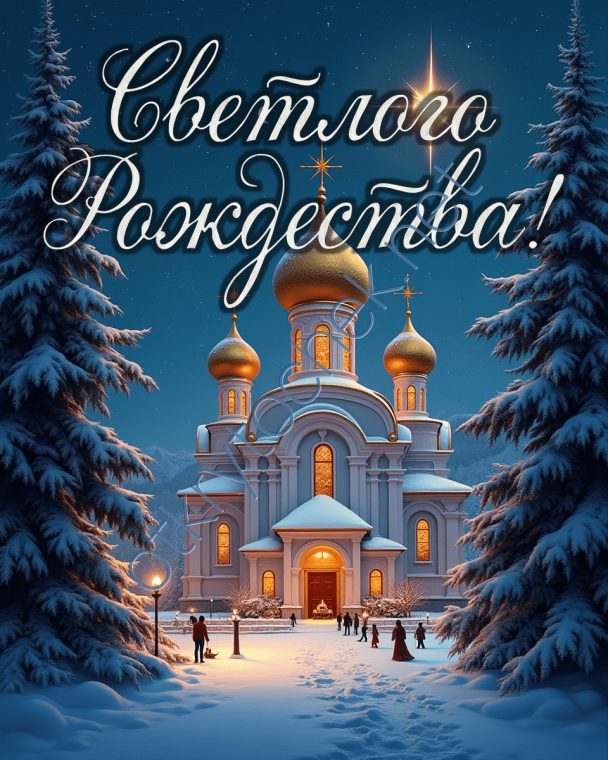 Картинка с храмом и пожеланием Светлого Рождества