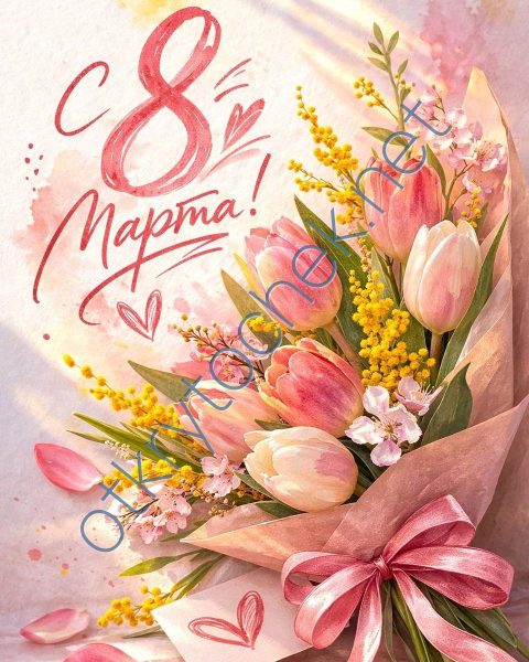Открытка с букетом для поздравления девушек с 8 Марта