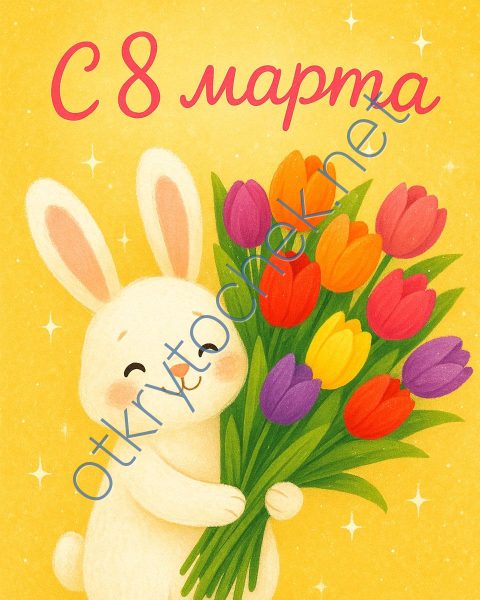 Открытка с Женским днем с зайкой и букетом тюльпанов
