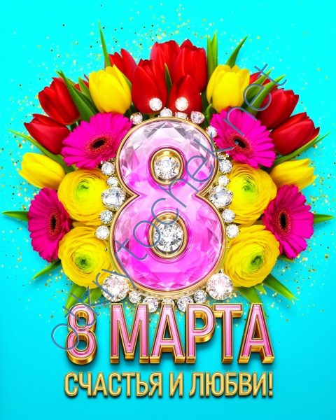 Яркий букет и поздравления - картинка на 8 Марта
