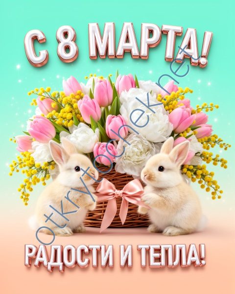 С 8 Марта - открытка с поздравлением с цветами и зайками