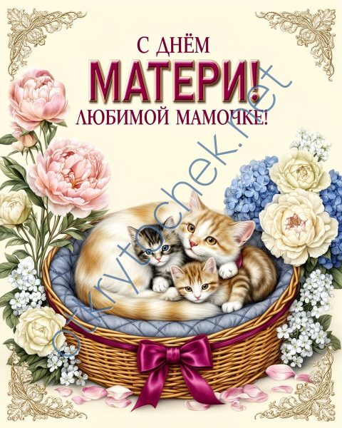 Добрая открытка с кошкой и котятами на День матери