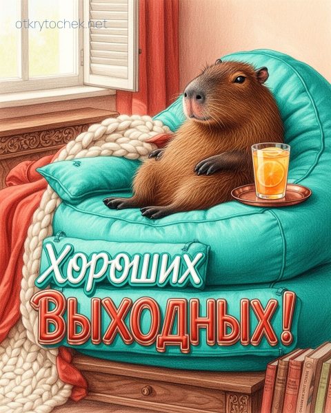 Бобер отдыхает в кресле - открытка хороших выходных
