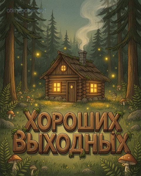 Рисованная картинка с домиком в лесу - хороших выходных