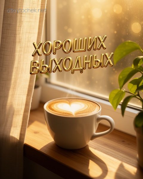 Открытка с чашечкой кофе и пожеланием хороших выходных