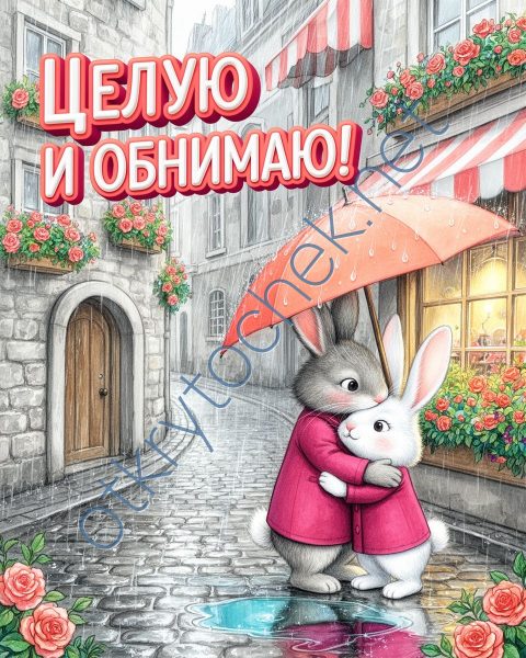 Красивая открытка с зайками на тему поцелуйчиков