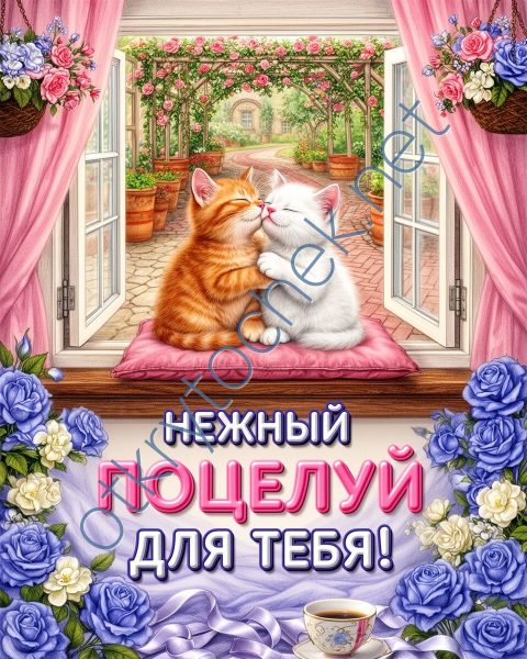 Открытка с поцелуем и милыми котиками