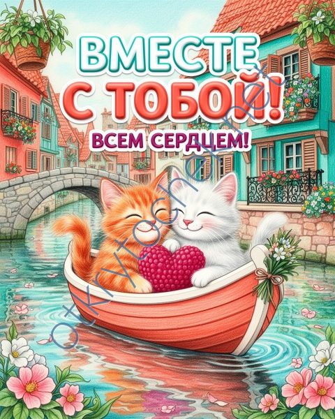 Любовная открытка с котятами в лодке и сердечком