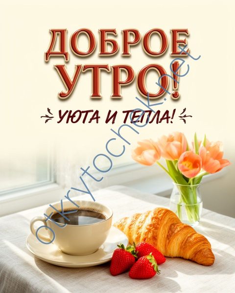 Яркая открытка с чашечкой кофе и пожеланием Доброе утро