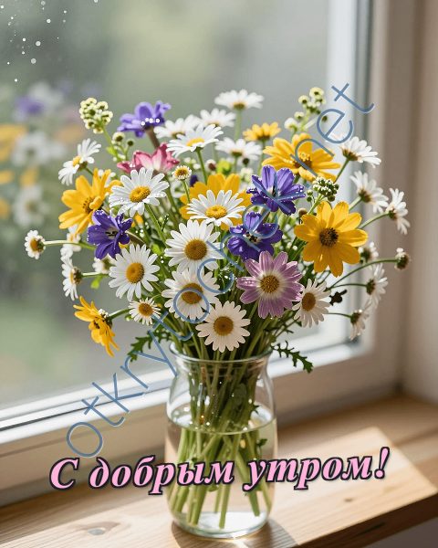 Картинка с летним букетом и пожелание доброго утра