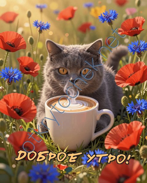 Открытка доброе утро с котиком и кофе на лугу