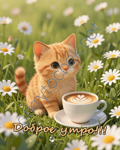 Милый котик с кофе желает Доброе утро