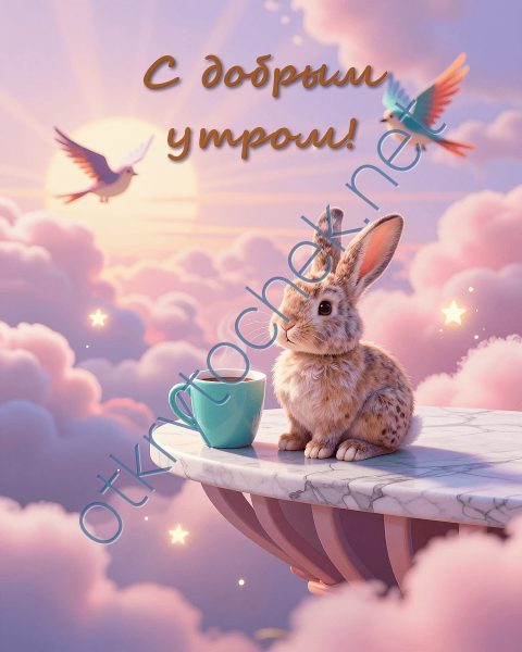 Картинка с добрым утром и зайка в облаках с кофе